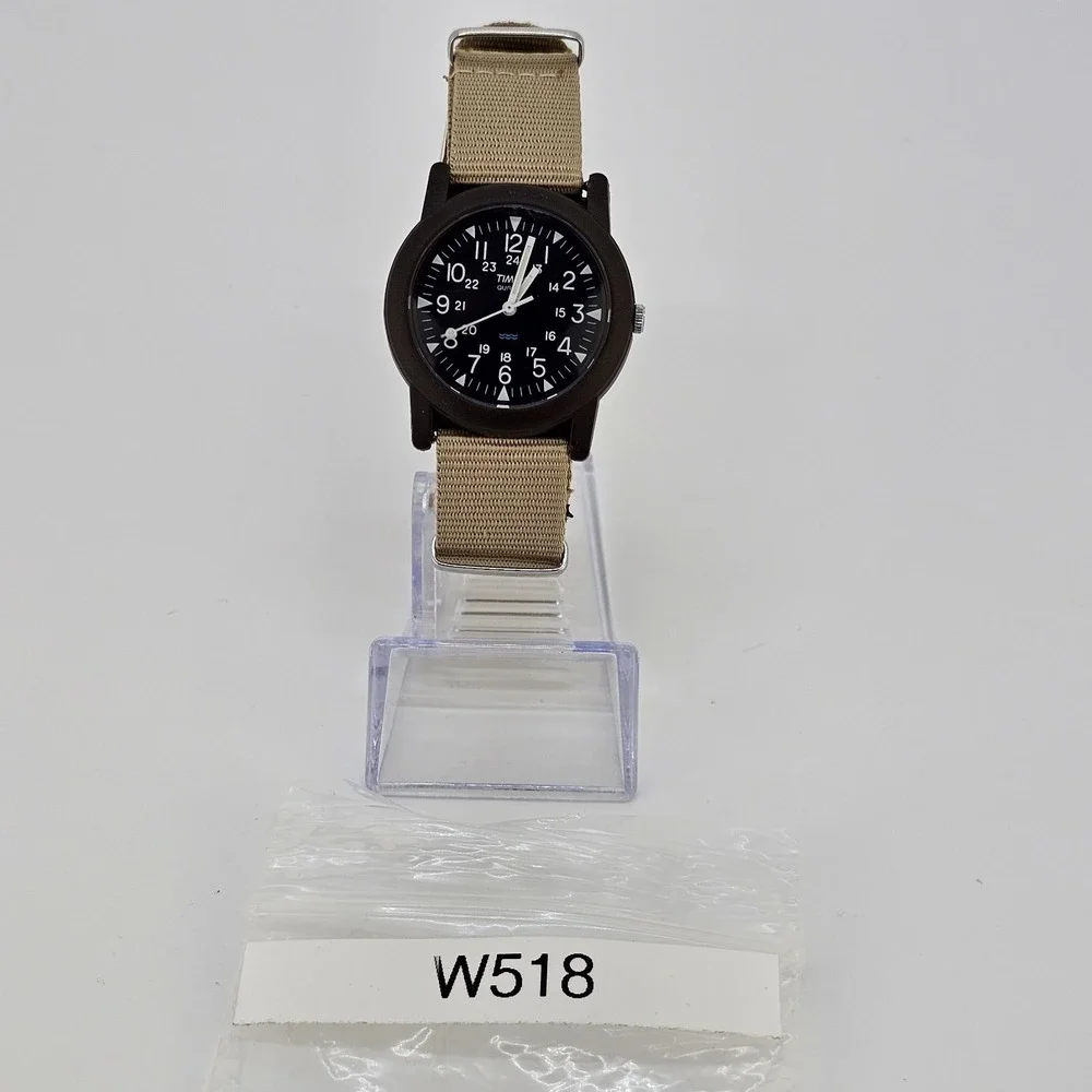 2011 Timex Camper Men Field Watch 34MM Black Dial New Tan Canvas Band NewBattery